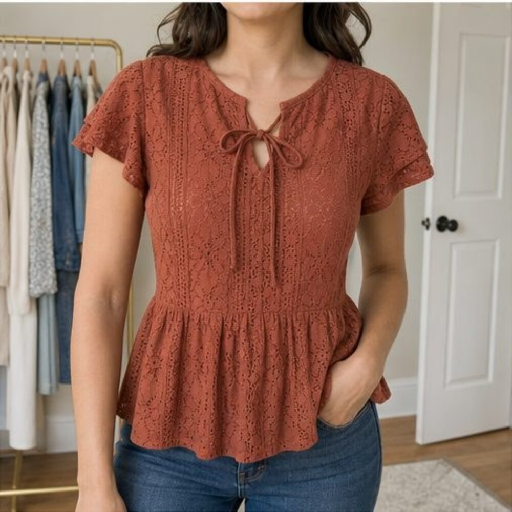 Rust Lace Trim Top - Picture 2 of 6